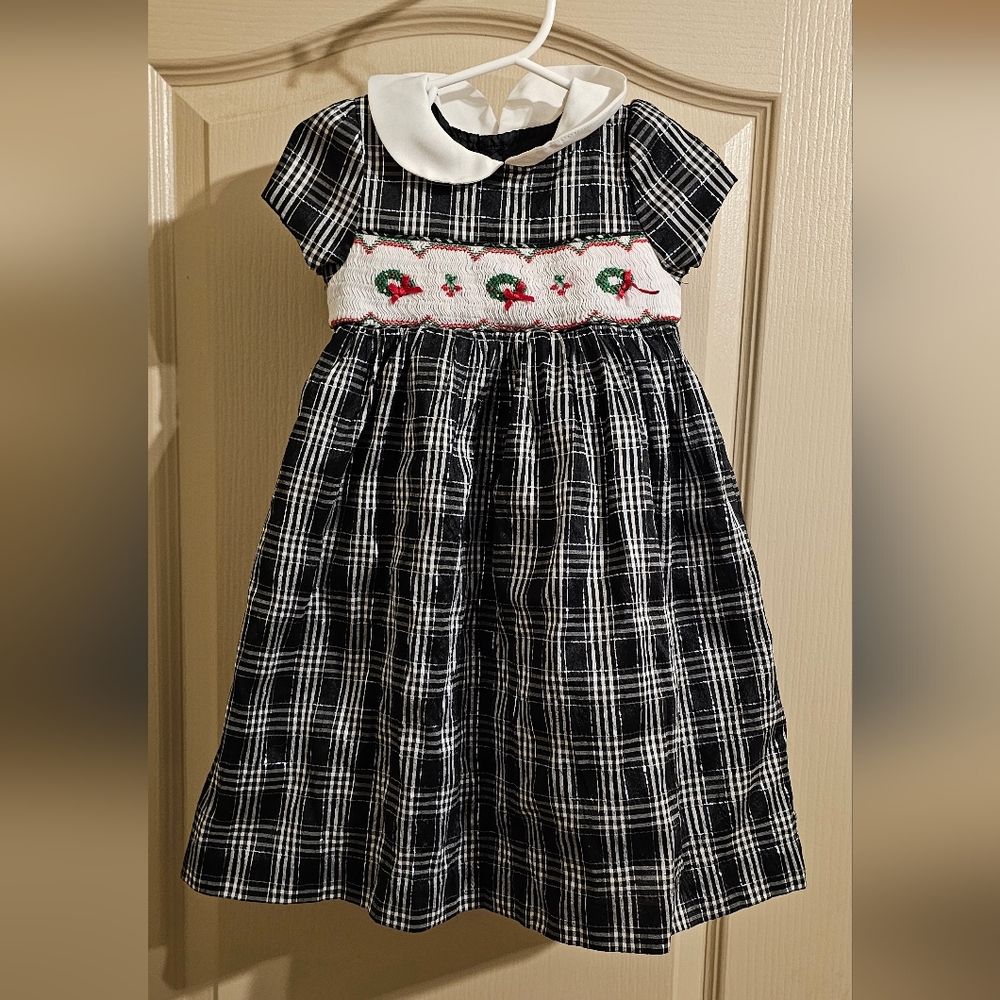 Rare Editions Black & White Plaid Smocked Dress with Red & Green Embroidery